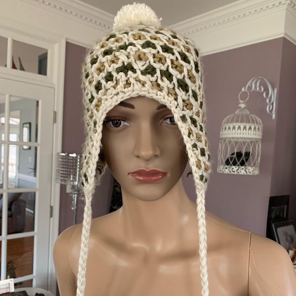 Hand Knit Triple Pom Pom Hat One Size